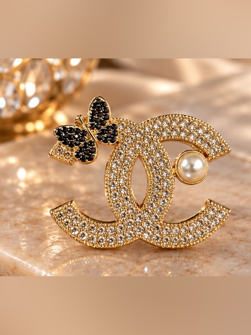 Gold Tone Crystal CC Style Brooch Black Butterfly Pearl Statement Pin